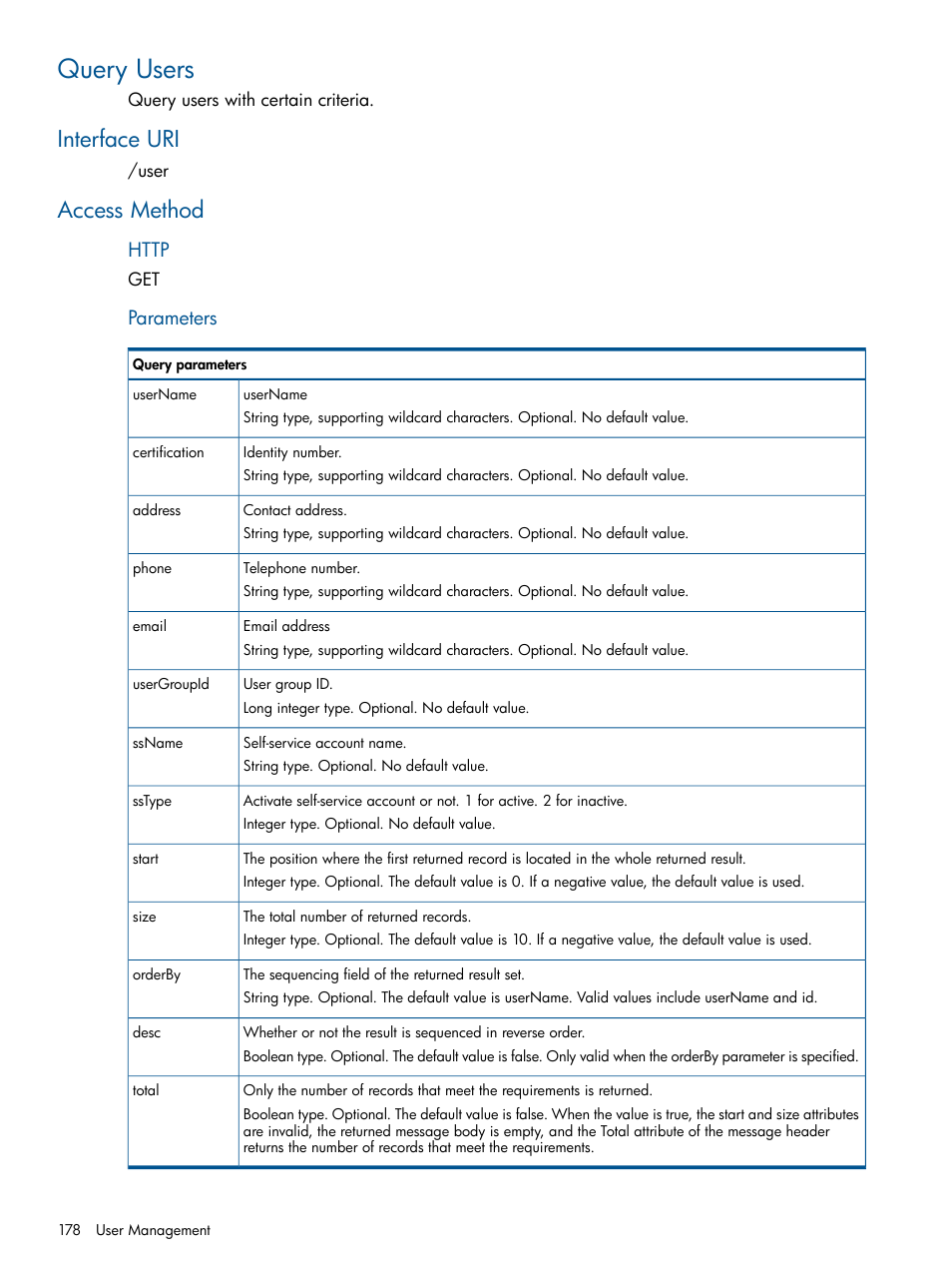 Query users, Interface uri, Access method | Interface uri access method, Parameters | HP Intelligent Management Center Licenses User Manual | Page 178 / 438