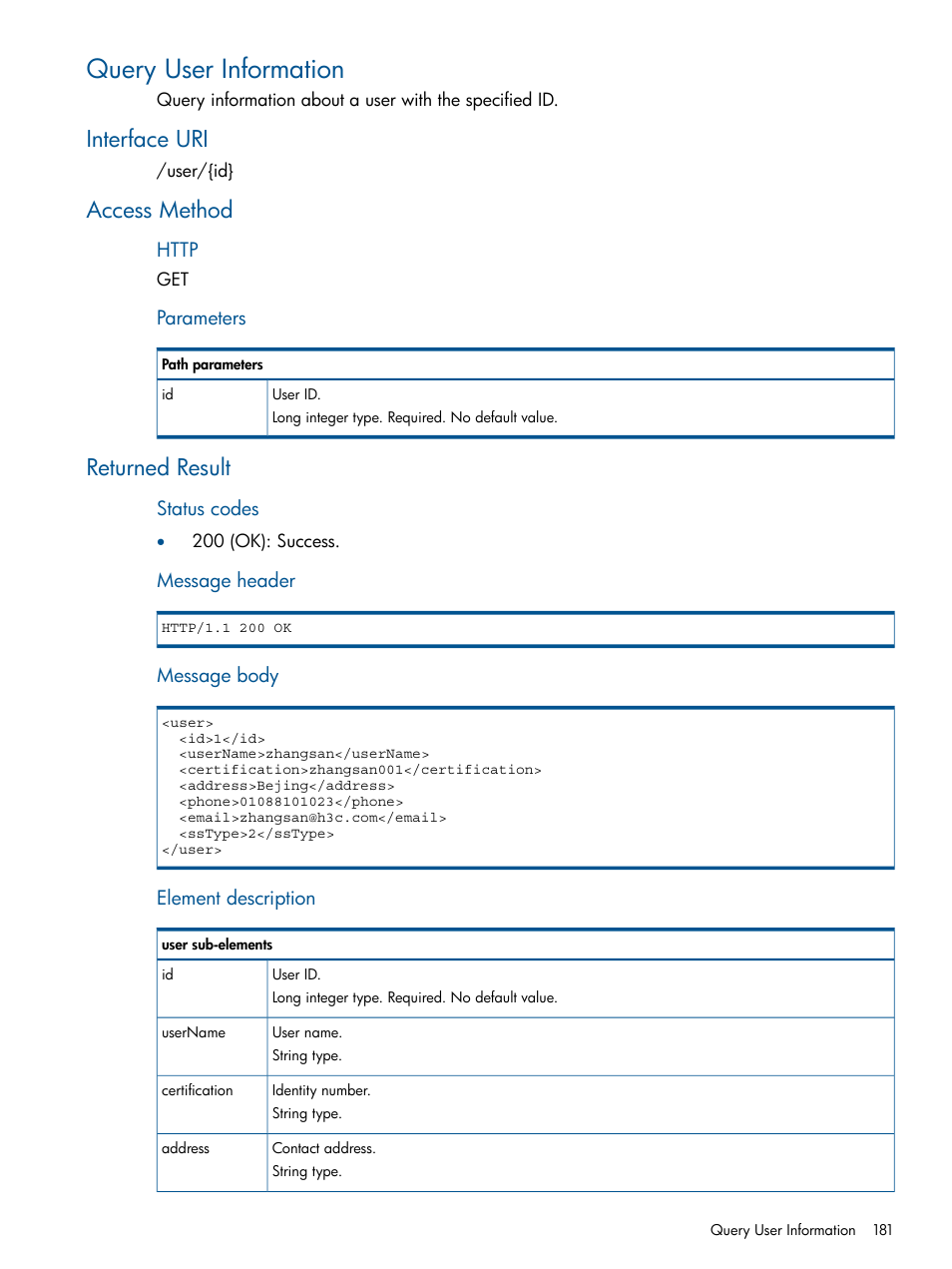 Query user information, Interface uri, Access method | Returned result, Interface uri access method returned result | HP Intelligent Management Center Licenses User Manual | Page 181 / 438