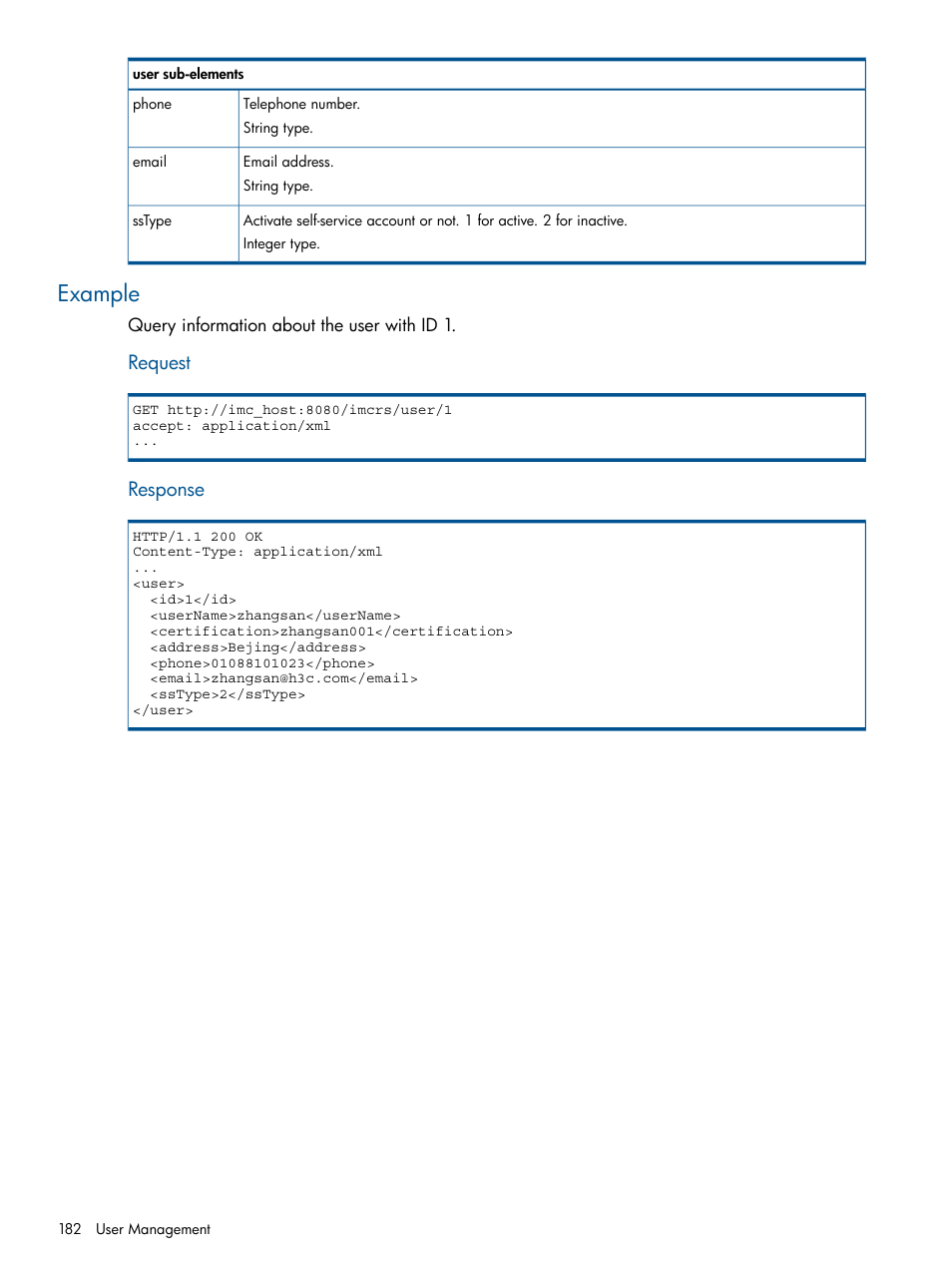 Example, Request, Response | HP Intelligent Management Center Licenses User Manual | Page 182 / 438