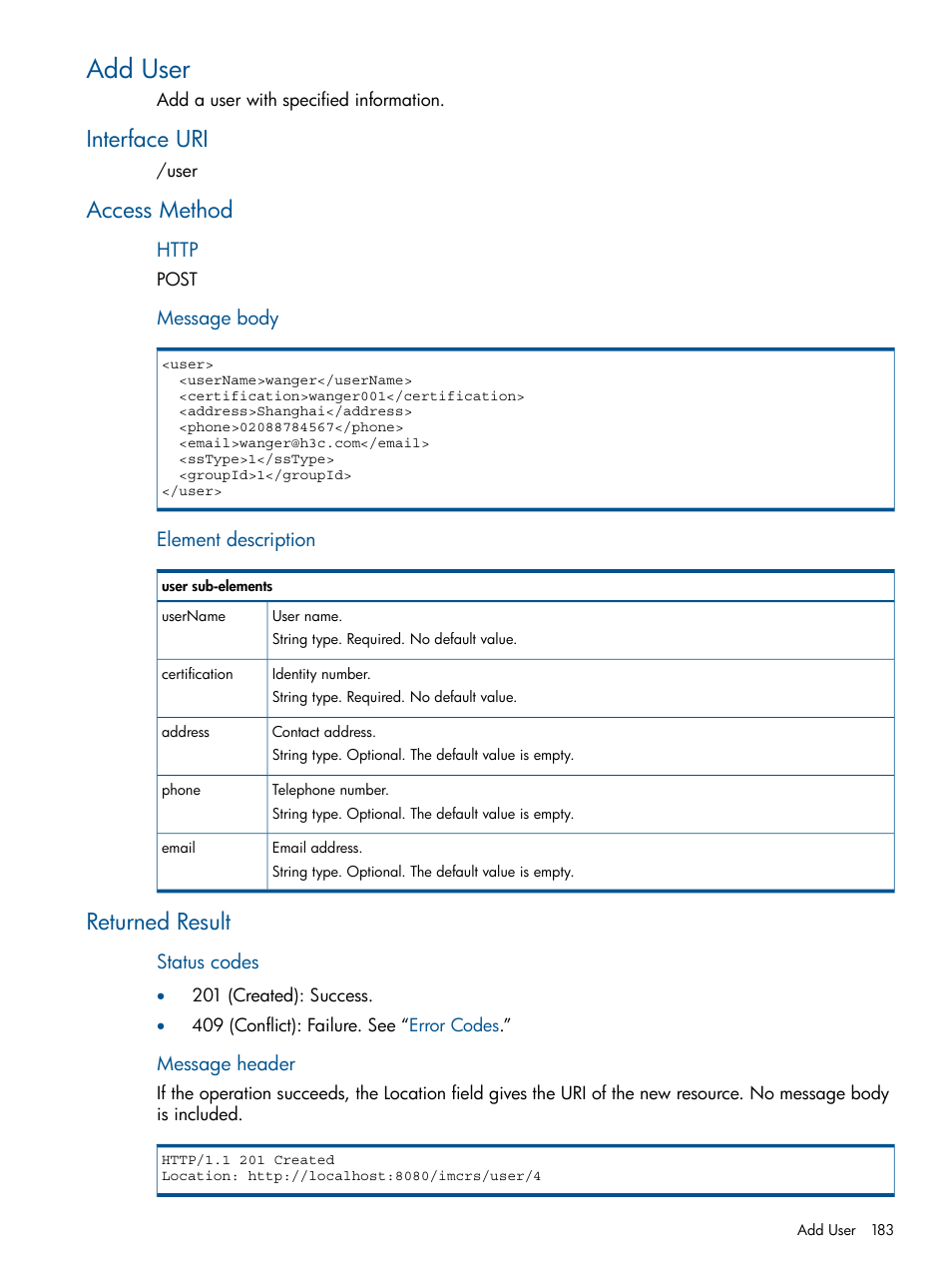 Add user, Interface uri, Access method | Returned result, Interface uri access method returned result | HP Intelligent Management Center Licenses User Manual | Page 183 / 438