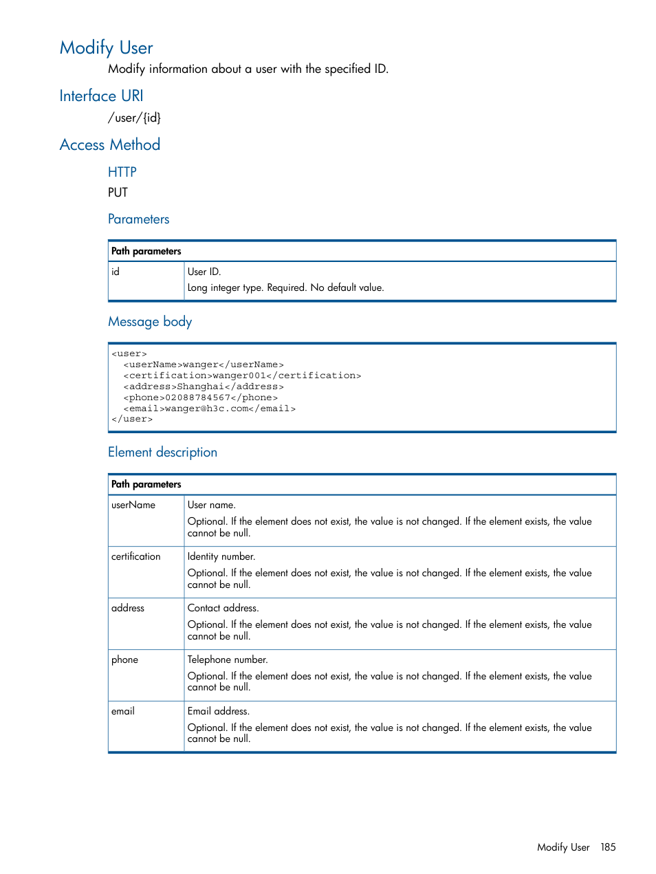 Modify user, Interface uri, Access method | Interface uri access method | HP Intelligent Management Center Licenses User Manual | Page 185 / 438