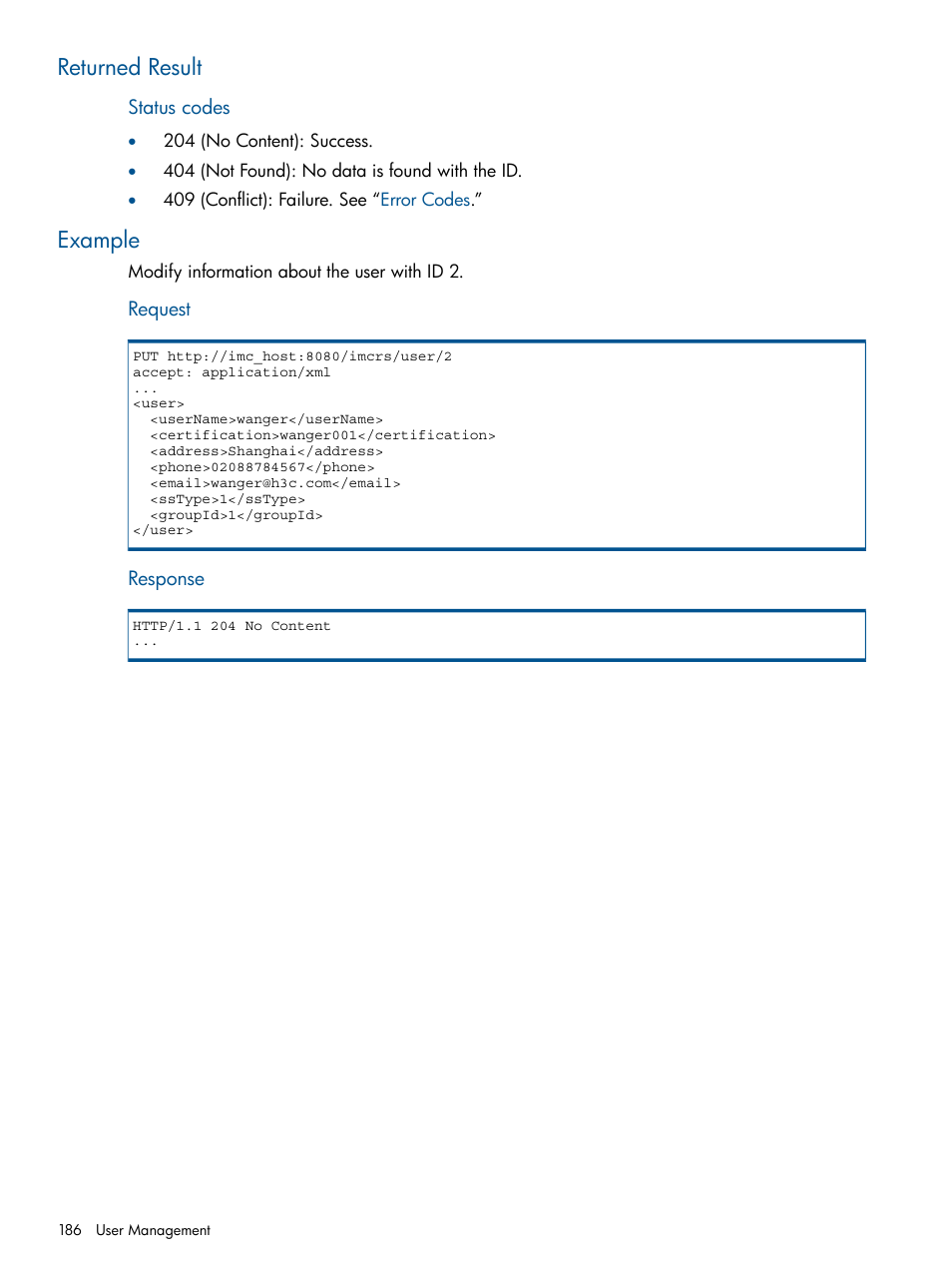 Returned result, Example, Returned result example | HP Intelligent Management Center Licenses User Manual | Page 186 / 438