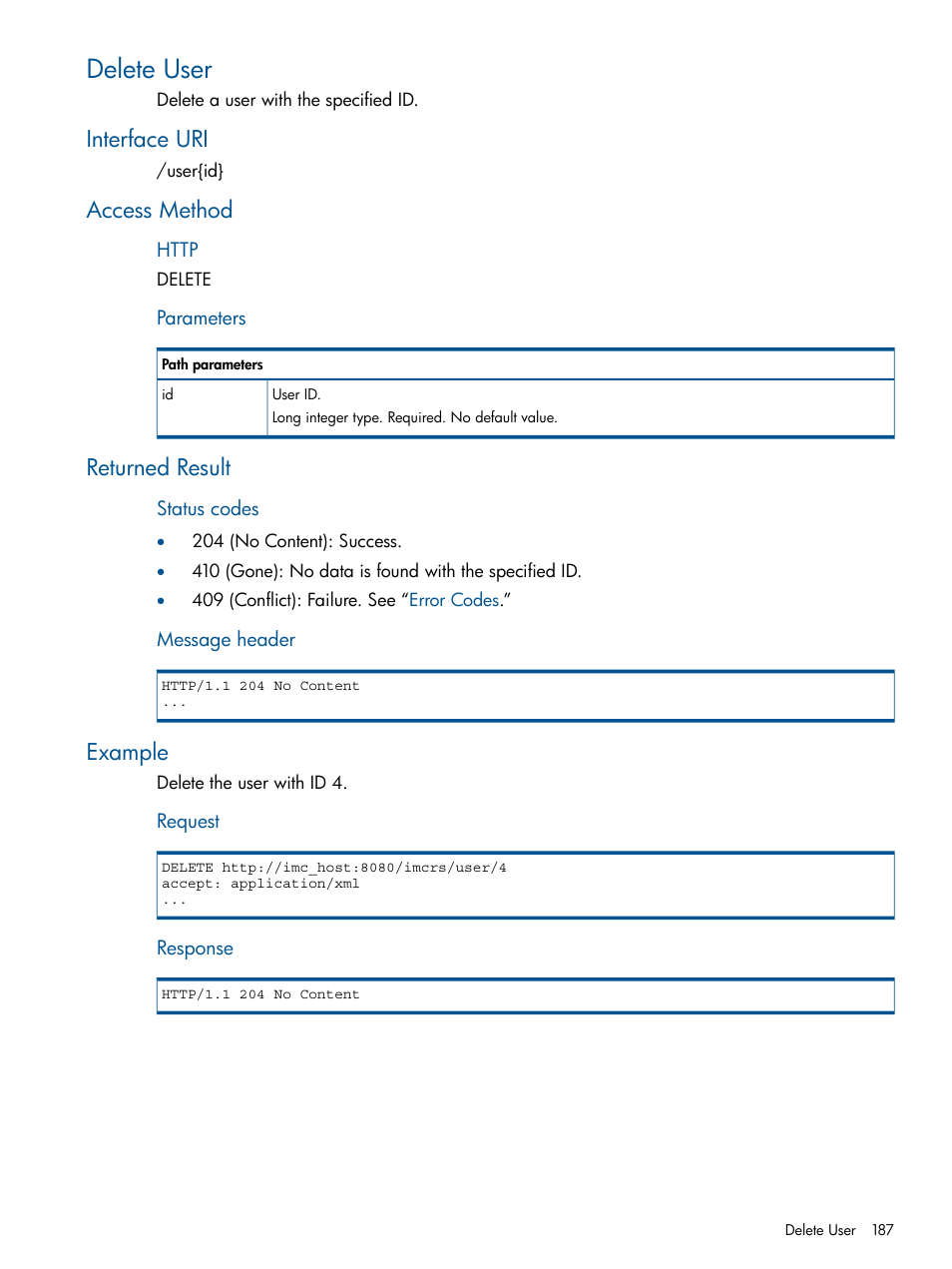 Delete user, Interface uri, Access method | Returned result, Example | HP Intelligent Management Center Licenses User Manual | Page 187 / 438