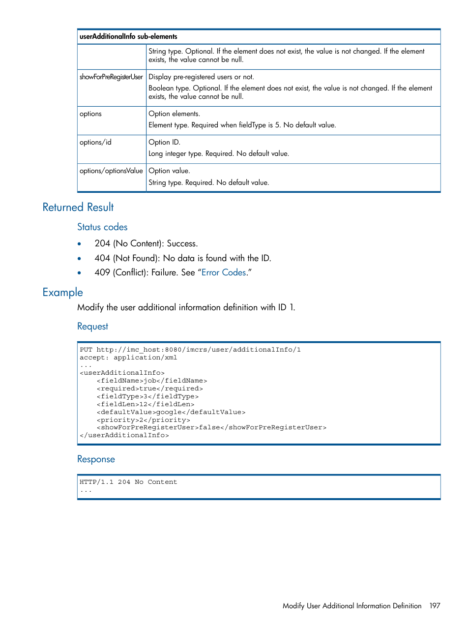 Returned result, Example, Returned result example | HP Intelligent Management Center Licenses User Manual | Page 197 / 438