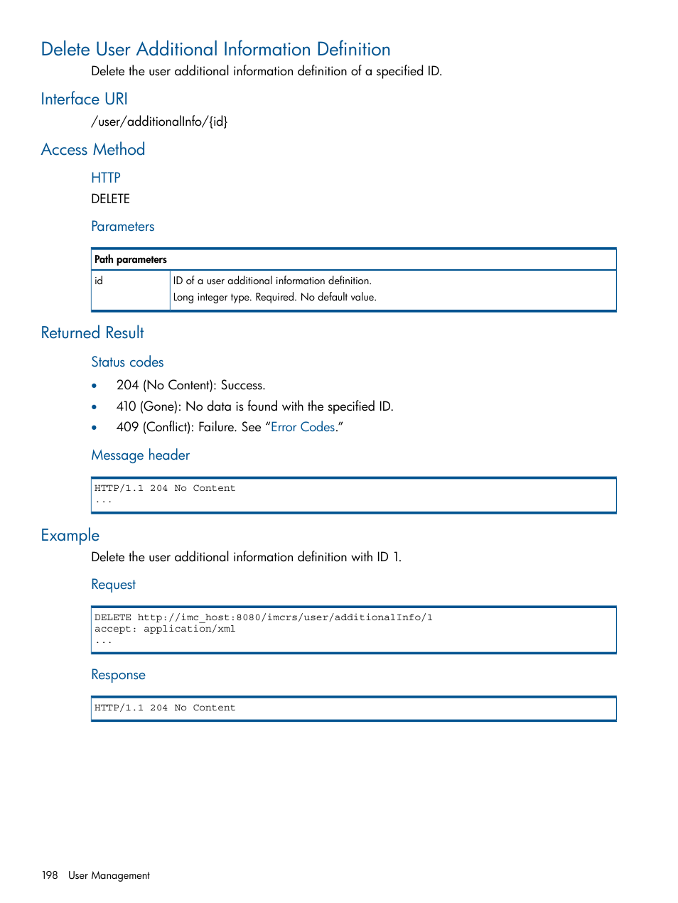 Delete user additional information definition, Interface uri, Access method | Returned result, Example | HP Intelligent Management Center Licenses User Manual | Page 198 / 438