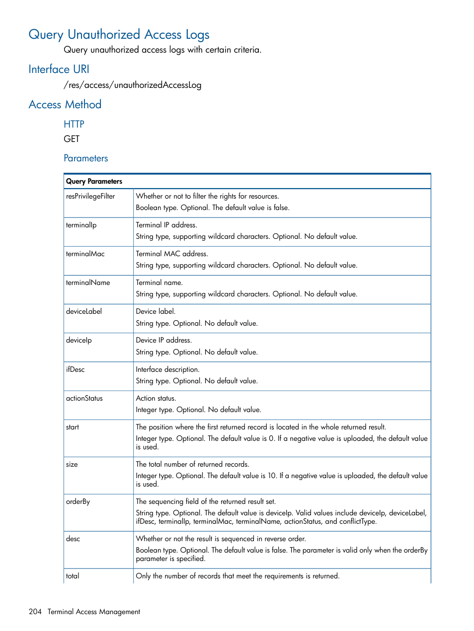 Query unauthorized access logs, Interface uri, Access method | Interface uri access method, Parameters | HP Intelligent Management Center Licenses User Manual | Page 204 / 438