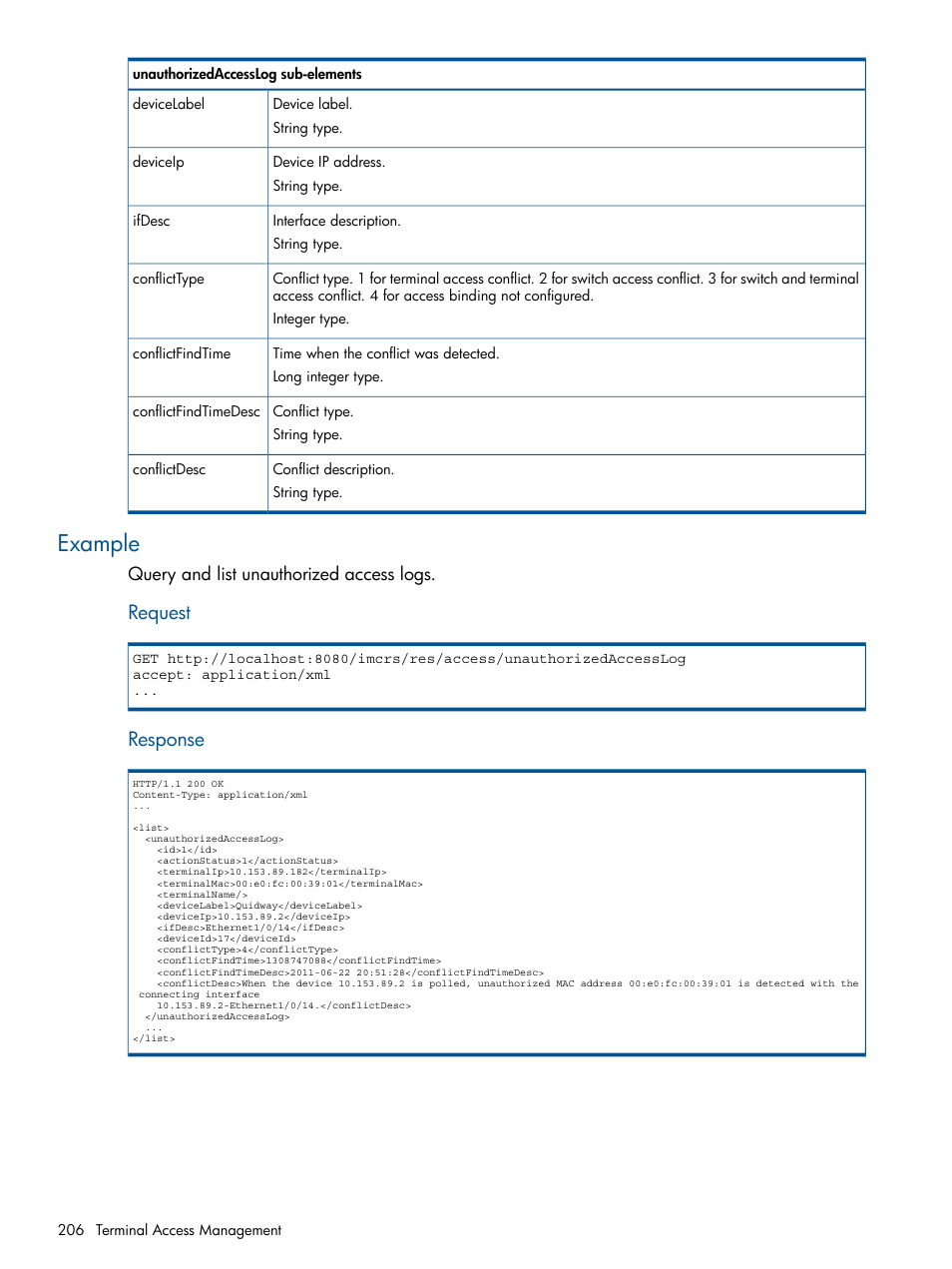 Example, Request, Response | HP Intelligent Management Center Licenses User Manual | Page 206 / 438