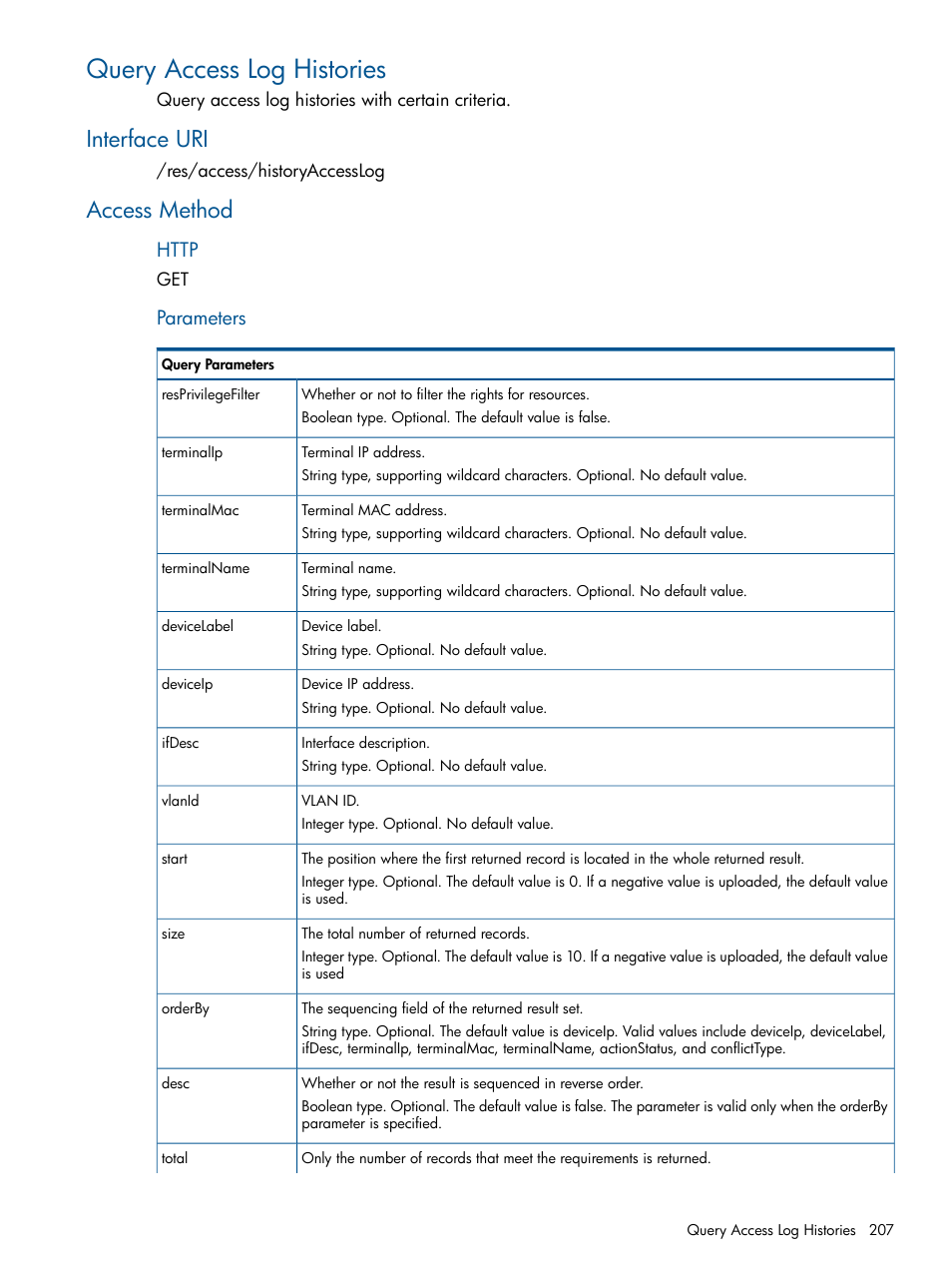 Query access log histories, Interface uri, Access method | Interface uri access method, Parameters | HP Intelligent Management Center Licenses User Manual | Page 207 / 438