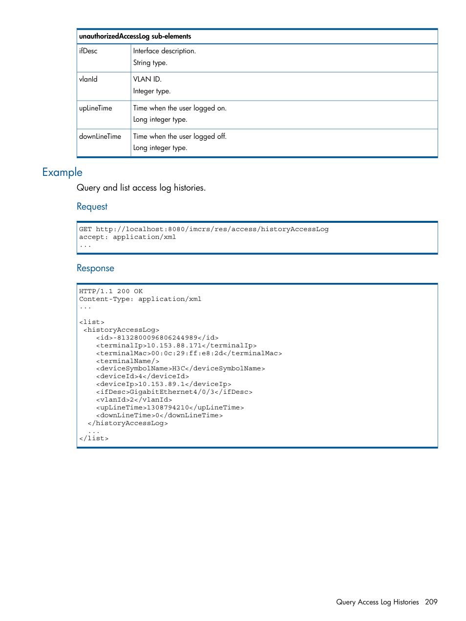 Example, Request, Response | HP Intelligent Management Center Licenses User Manual | Page 209 / 438