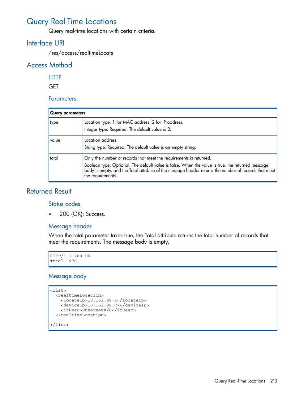 Query real-time locations, Interface uri, Access method | Returned result, Interface uri access method returned result | HP Intelligent Management Center Licenses User Manual | Page 213 / 438