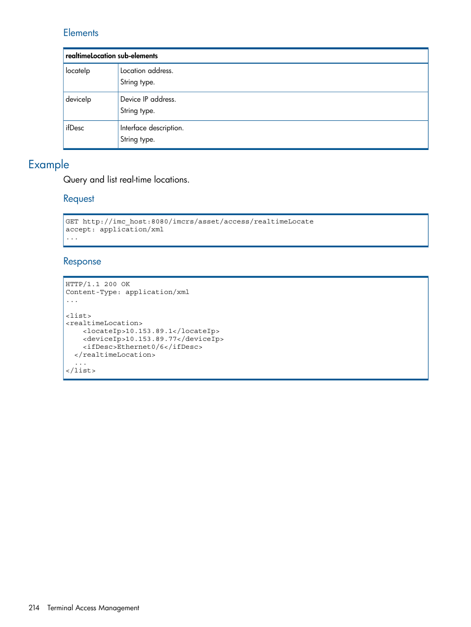 Example, Elements, Request | Response | HP Intelligent Management Center Licenses User Manual | Page 214 / 438