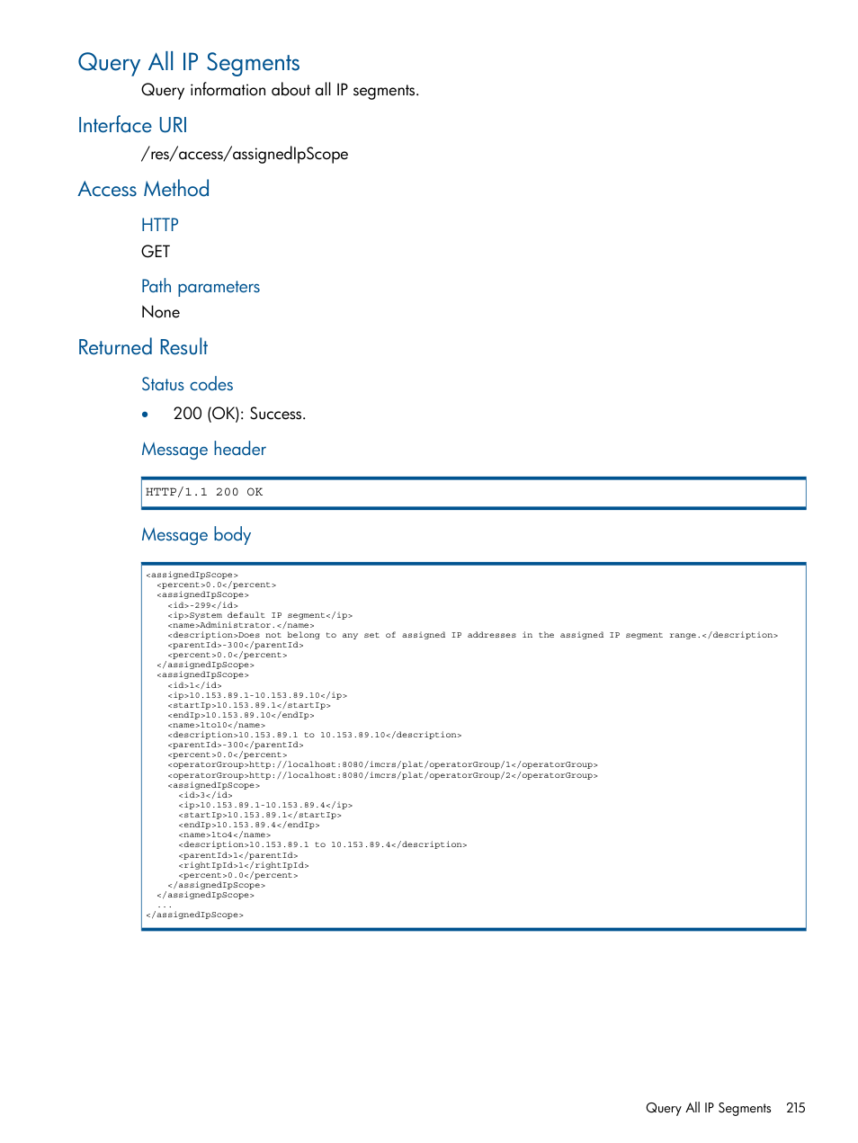 Query all ip segments, Interface uri, Access method | Returned result, Interface uri access method returned result | HP Intelligent Management Center Licenses User Manual | Page 215 / 438