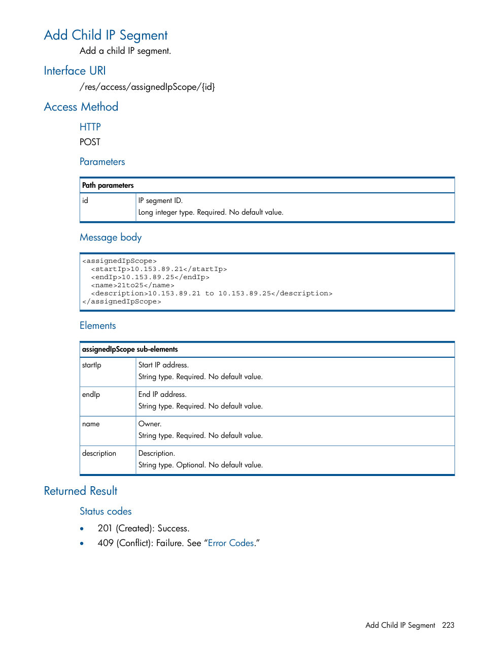 Add child ip segment, Interface uri, Access method | Returned result, Interface uri access method returned result | HP Intelligent Management Center Licenses User Manual | Page 223 / 438