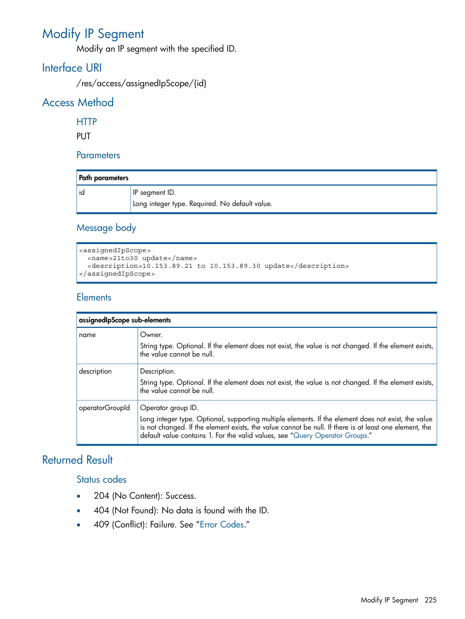 Modify ip segment, Interface uri, Access method | Returned result, Interface uri access method returned result | HP Intelligent Management Center Licenses User Manual | Page 225 / 438