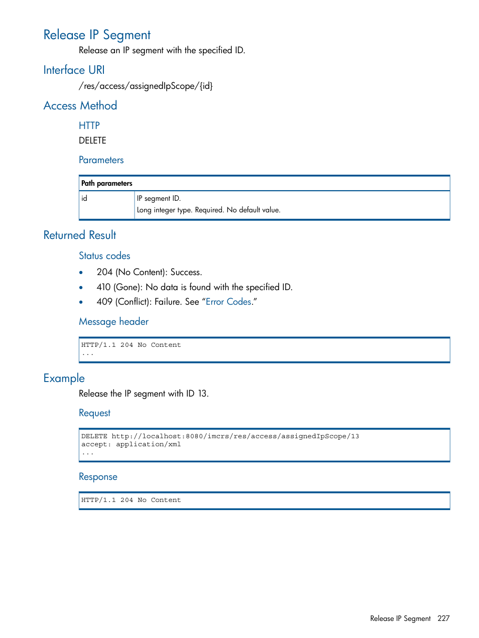 Release ip segment, Interface uri, Access method | Returned result, Example | HP Intelligent Management Center Licenses User Manual | Page 227 / 438