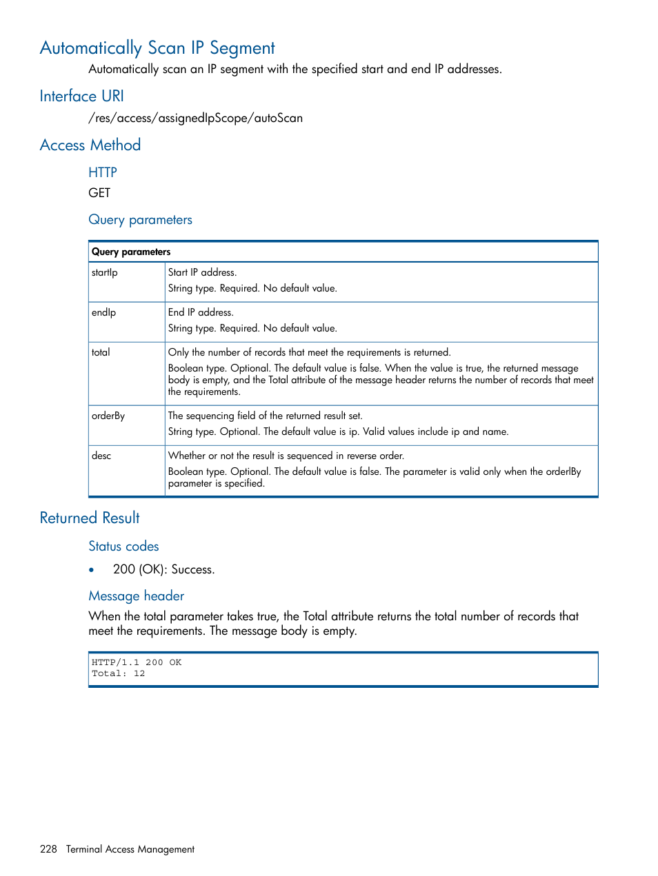 Automatically scan ip segment, Interface uri, Access method | Returned result, Interface uri access method returned result | HP Intelligent Management Center Licenses User Manual | Page 228 / 438