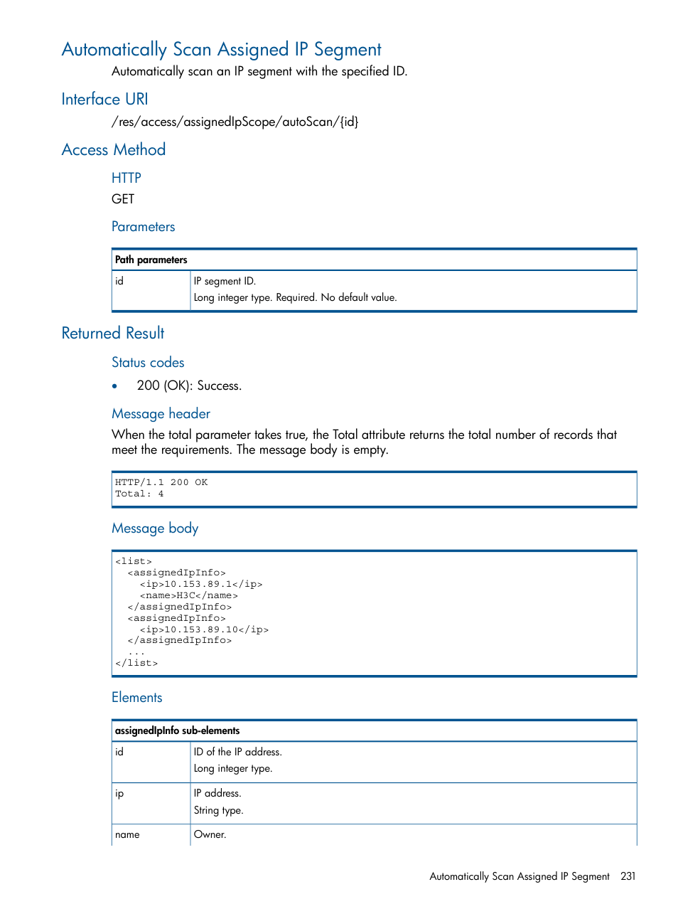 Automatically scan assigned ip segment, Interface uri, Access method | Returned result, Interface uri access method returned result | HP Intelligent Management Center Licenses User Manual | Page 231 / 438