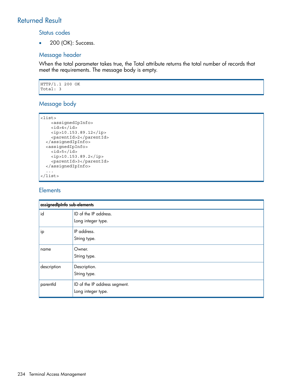 Returned result, Status codes, Message header | Message body, Elements | HP Intelligent Management Center Licenses User Manual | Page 234 / 438