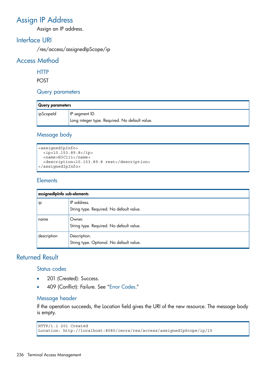 Assign ip address, Interface uri, Access method | Returned result, Interface uri access method returned result | HP Intelligent Management Center Licenses User Manual | Page 236 / 438