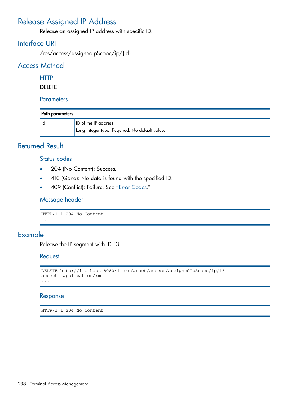 Release assigned ip address, Interface uri, Access method | Returned result, Example | HP Intelligent Management Center Licenses User Manual | Page 238 / 438