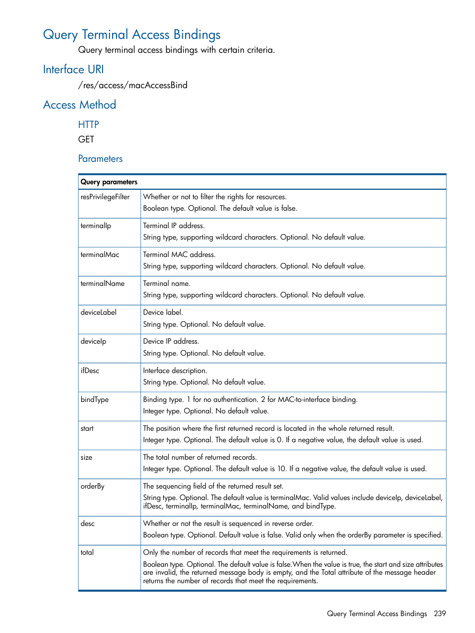 Query terminal access bindings, Interface uri, Access method | Interface uri access method, Parameters | HP Intelligent Management Center Licenses User Manual | Page 239 / 438