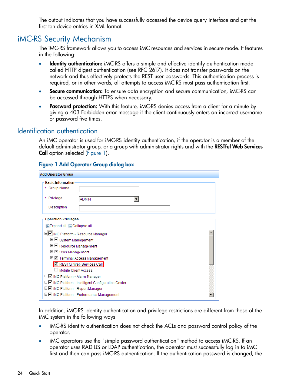 Imc-rs security mechanism, Identification authentication | HP Intelligent Management Center Licenses User Manual | Page 24 / 438