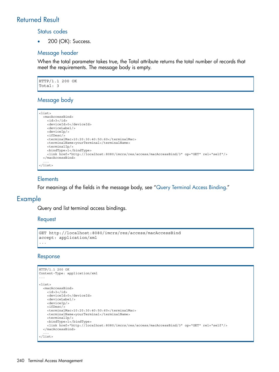 Returned result, Example, Returned result example | HP Intelligent Management Center Licenses User Manual | Page 240 / 438