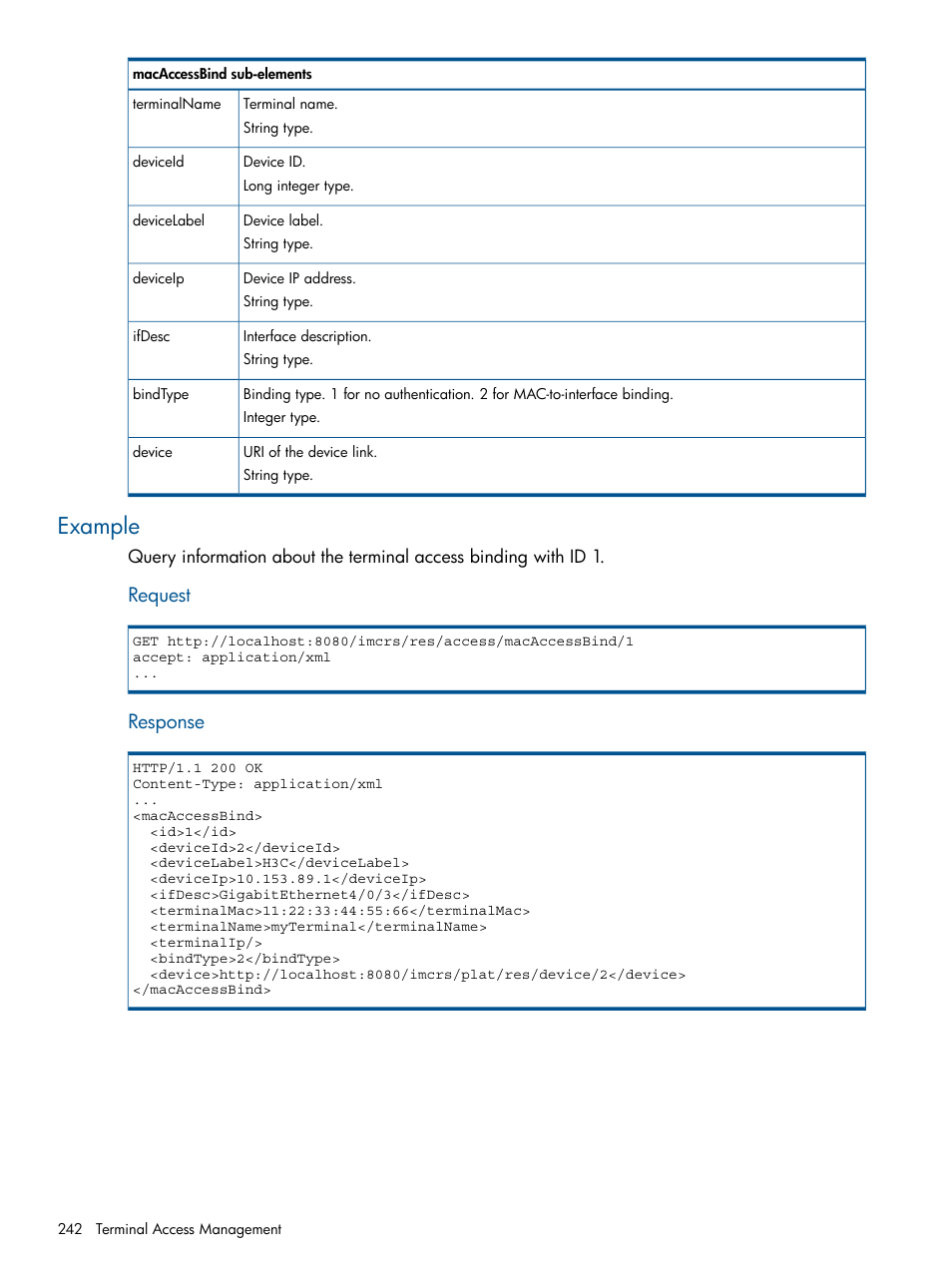 Example, Request, Response | HP Intelligent Management Center Licenses User Manual | Page 242 / 438