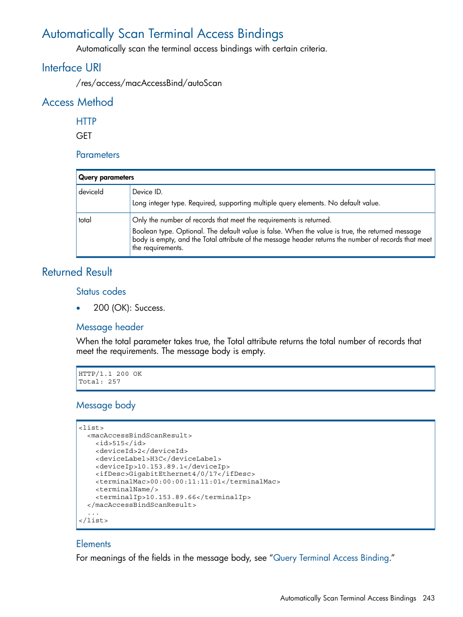 Automatically scan terminal access bindings, Interface uri, Access method | Returned result, Interface uri access method returned result | HP Intelligent Management Center Licenses User Manual | Page 243 / 438