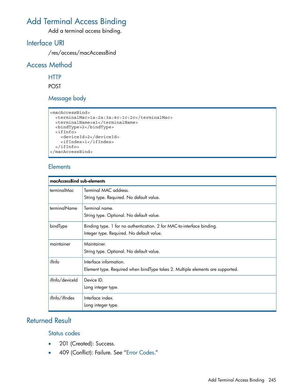 Add terminal access binding, Interface uri, Access method | Returned result, Interface uri access method returned result | HP Intelligent Management Center Licenses User Manual | Page 245 / 438