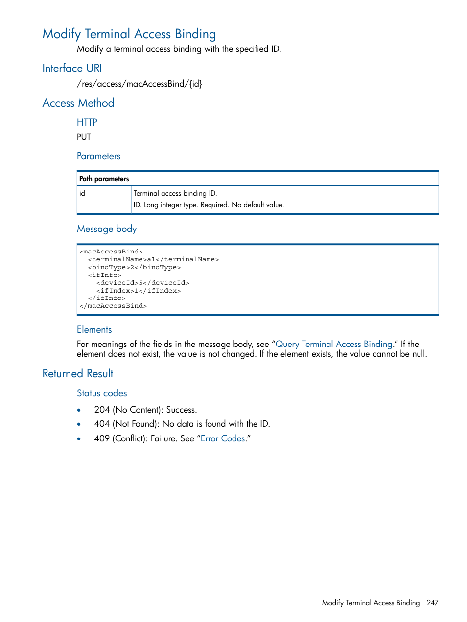 Modify terminal access binding, Interface uri, Access method | Returned result, Interface uri access method returned result | HP Intelligent Management Center Licenses User Manual | Page 247 / 438