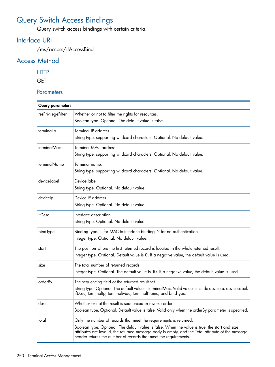 Query switch access bindings, Interface uri, Access method | Interface uri access method, Parameters | HP Intelligent Management Center Licenses User Manual | Page 250 / 438