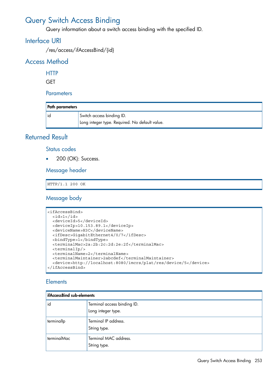 Query switch access binding, Interface uri, Access method | Returned result, Interface uri access method returned result | HP Intelligent Management Center Licenses User Manual | Page 253 / 438