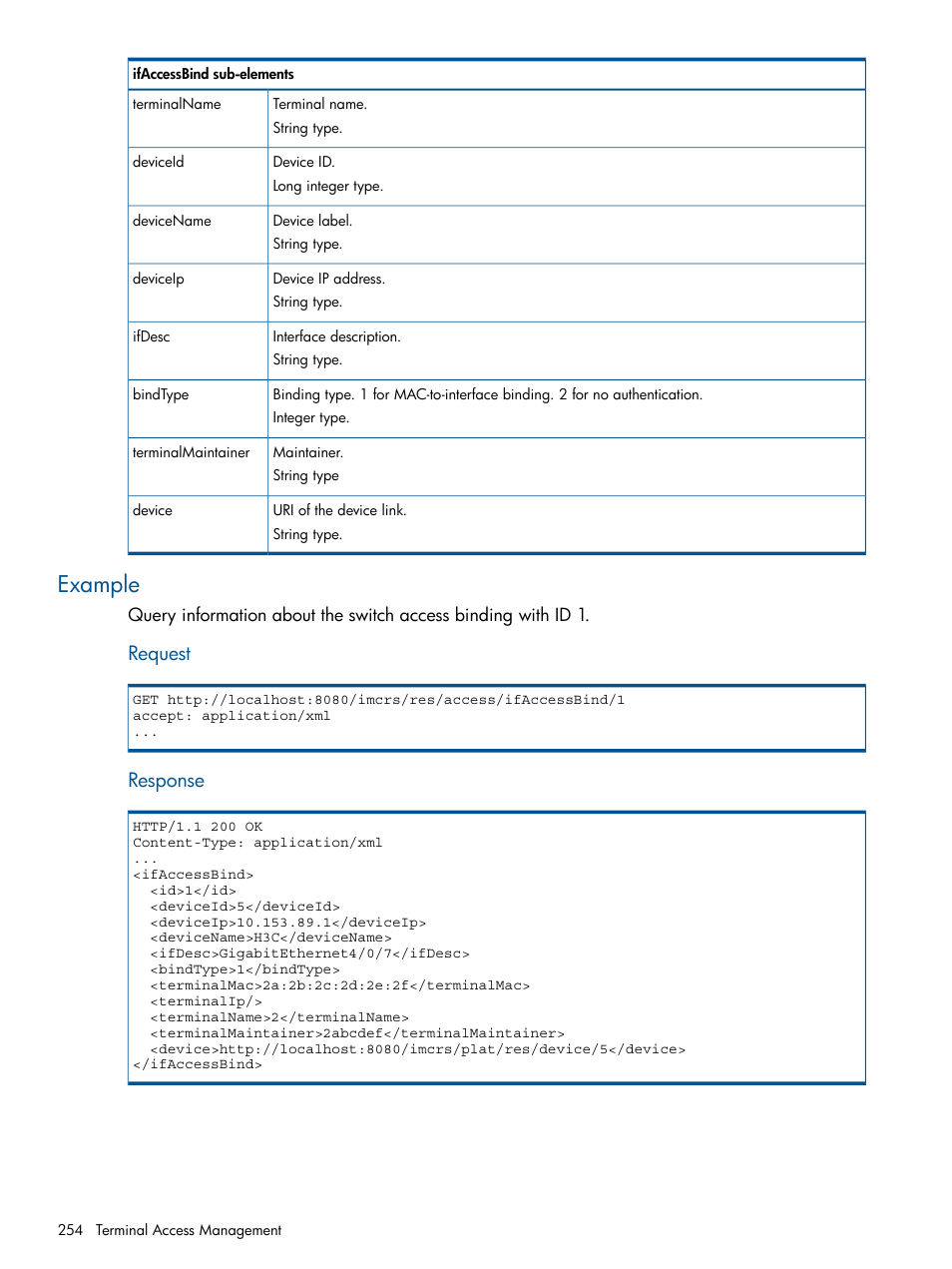 Example, Request, Response | HP Intelligent Management Center Licenses User Manual | Page 254 / 438