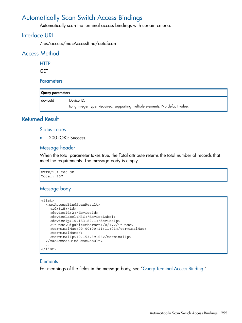 Automatically scan switch access bindings, Interface uri, Access method | Returned result, Interface uri access method returned result | HP Intelligent Management Center Licenses User Manual | Page 255 / 438