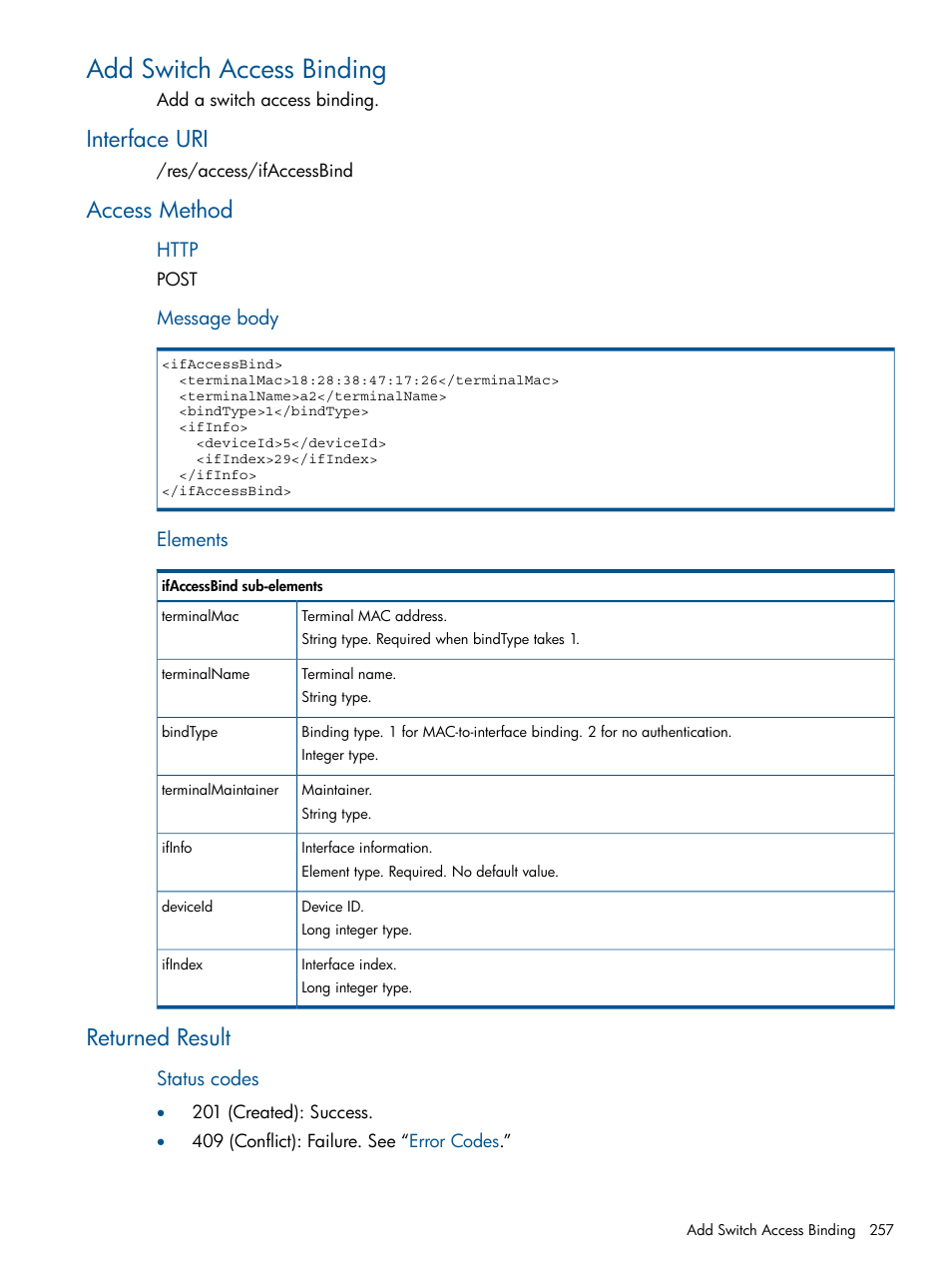 Add switch access binding, Interface uri, Access method | Returned result, Interface uri access method returned result | HP Intelligent Management Center Licenses User Manual | Page 257 / 438