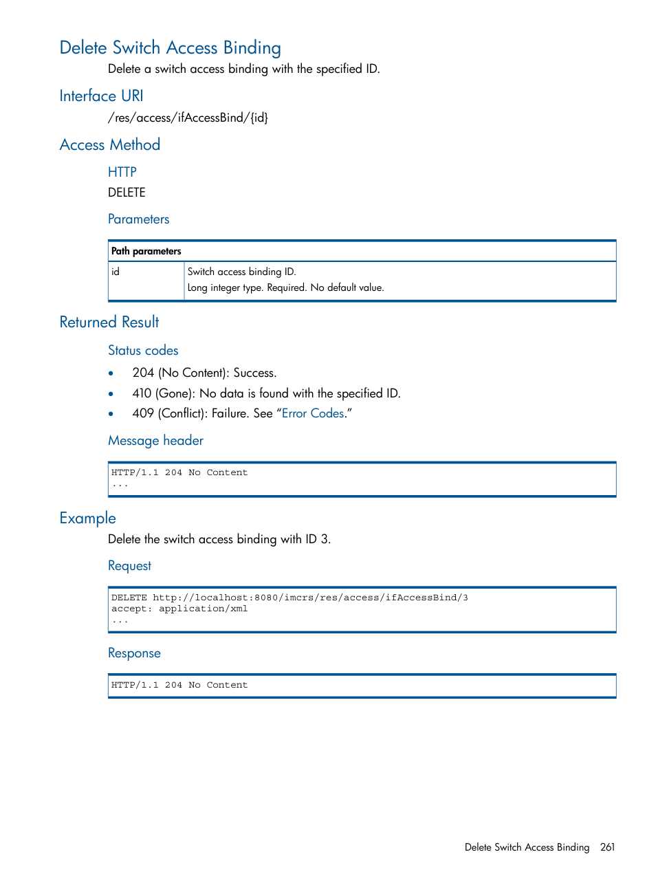 Delete switch access binding, Interface uri, Access method | Returned result, Example | HP Intelligent Management Center Licenses User Manual | Page 261 / 438