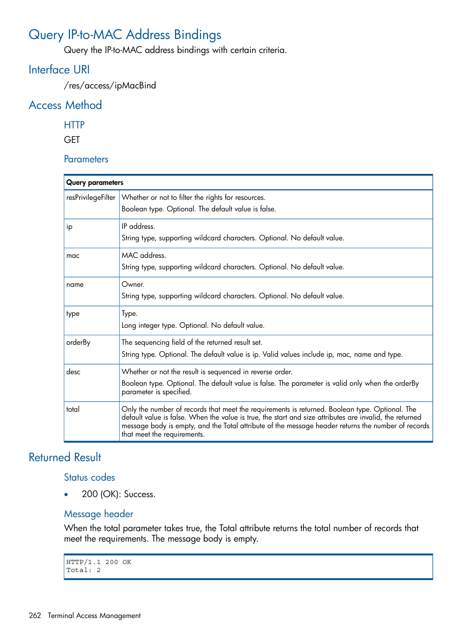 Query ip-to-mac address bindings, Interface uri, Access method | Returned result, Interface uri access method returned result | HP Intelligent Management Center Licenses User Manual | Page 262 / 438