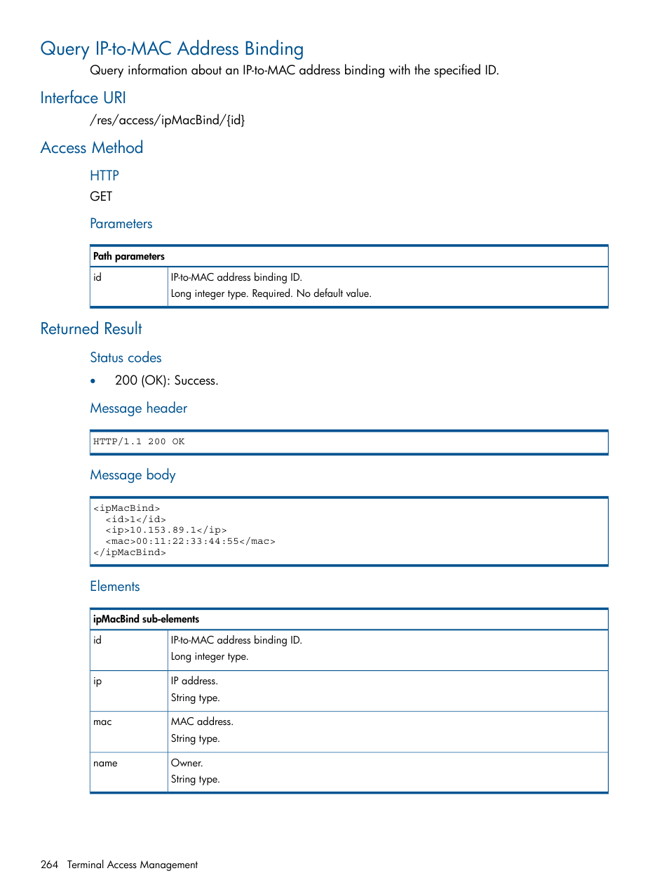 Query ip-to-mac address binding, Interface uri, Access method | Returned result, Interface uri access method returned result | HP Intelligent Management Center Licenses User Manual | Page 264 / 438