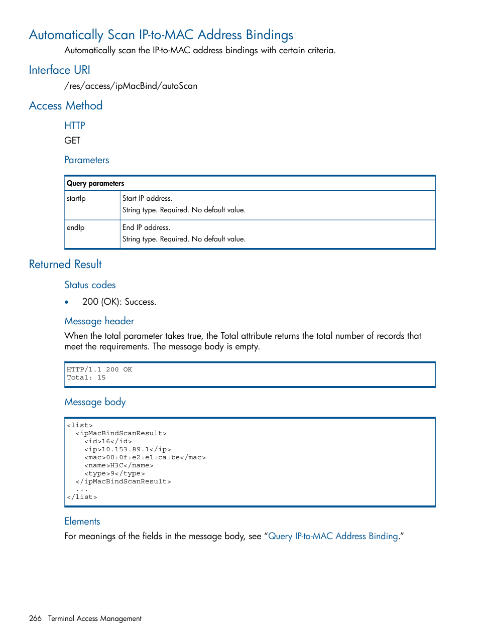 Automatically scan ip-to-mac address bindings, Interface uri, Access method | Returned result, Interface uri access method | HP Intelligent Management Center Licenses User Manual | Page 266 / 438