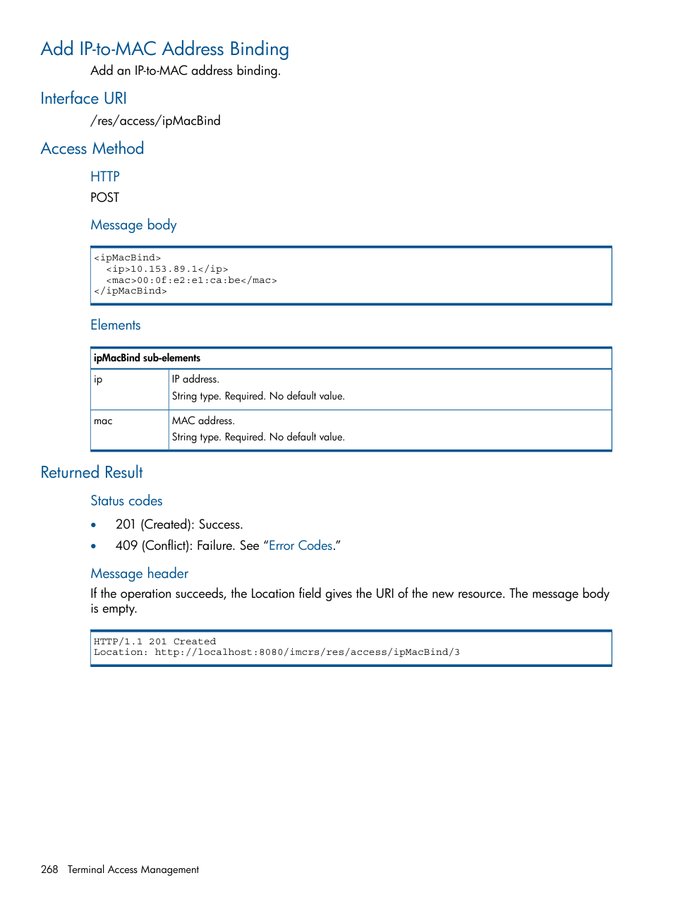 Add ip-to-mac address binding, Interface uri, Access method | Returned result, Interface uri access method returned result | HP Intelligent Management Center Licenses User Manual | Page 268 / 438