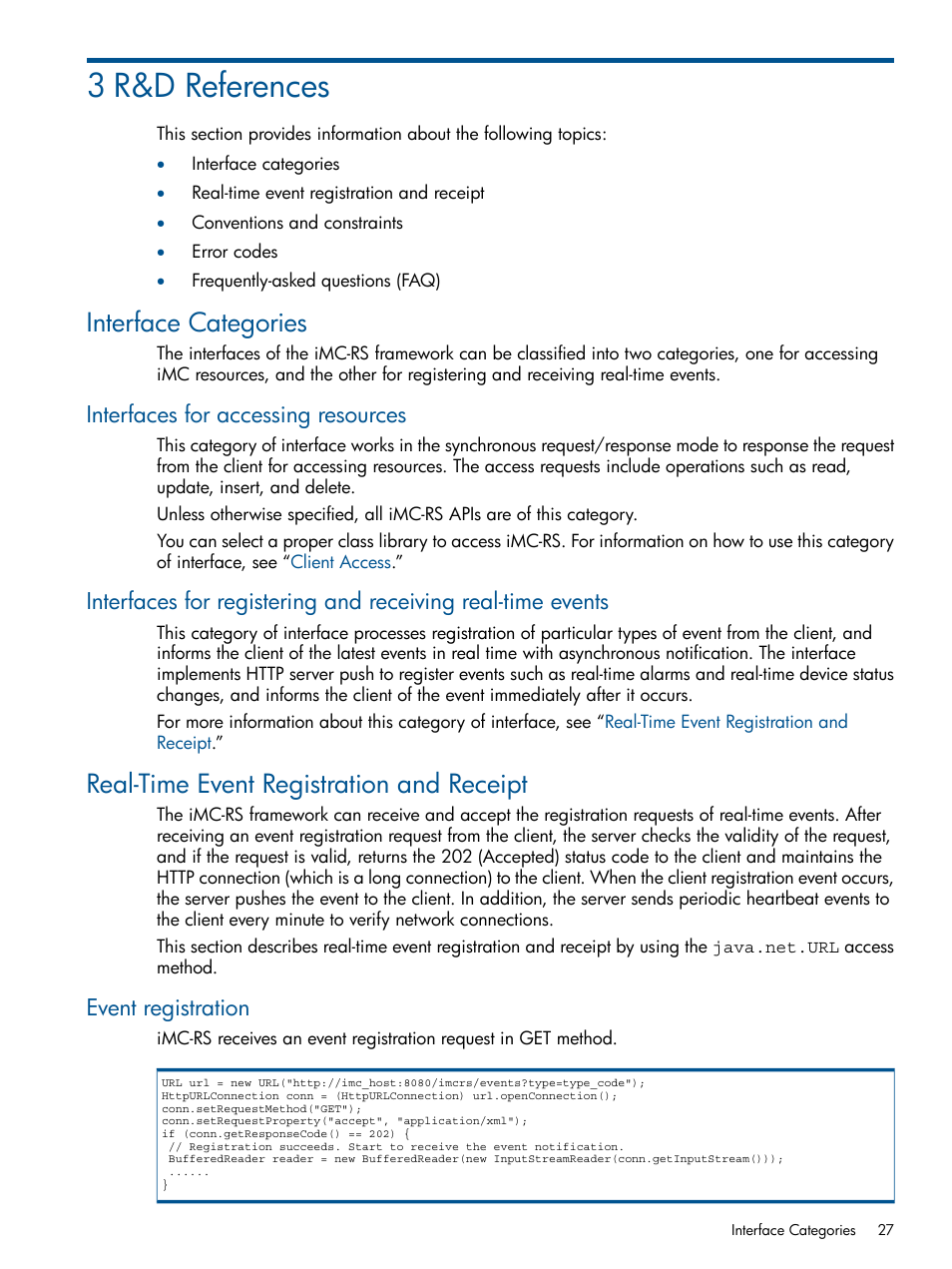 3 r&d references, Interface categories, Interfaces for accessing resources | Real-time event registration and receipt, Event registration | HP Intelligent Management Center Licenses User Manual | Page 27 / 438