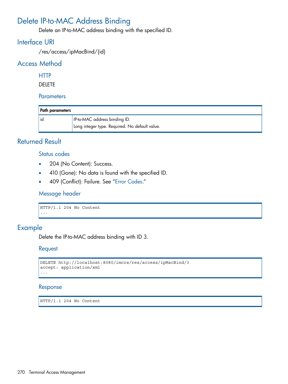 Delete ip-to-mac address binding, Interface uri, Access method | Returned result, Example | HP Intelligent Management Center Licenses User Manual | Page 270 / 438