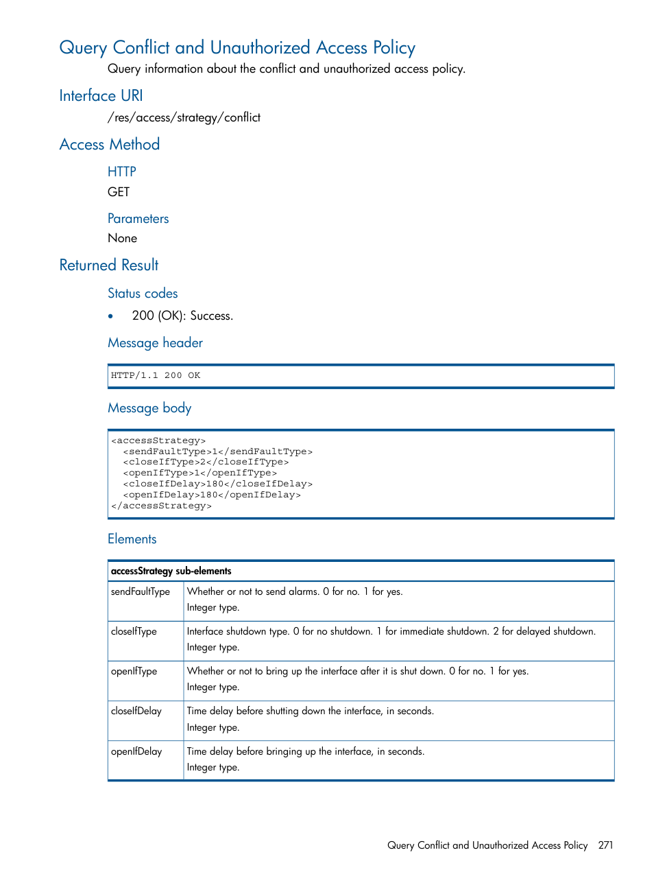 Query conflict and unauthorized access policy, Interface uri, Access method | Returned result, Interface uri access method returned result | HP Intelligent Management Center Licenses User Manual | Page 271 / 438