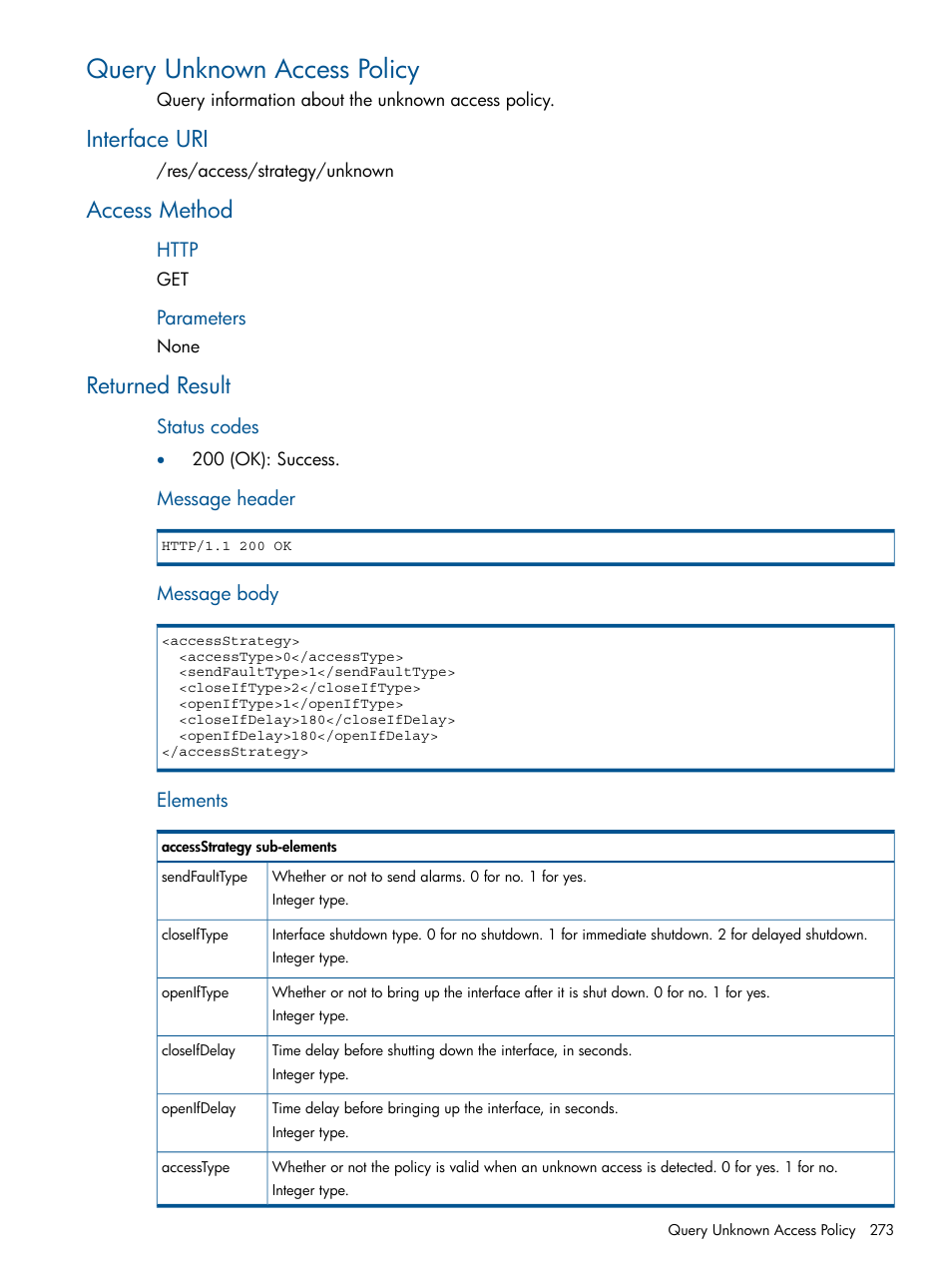 Query unknown access policy, Interface uri, Access method | Returned result, Interface uri access method returned result | HP Intelligent Management Center Licenses User Manual | Page 273 / 438