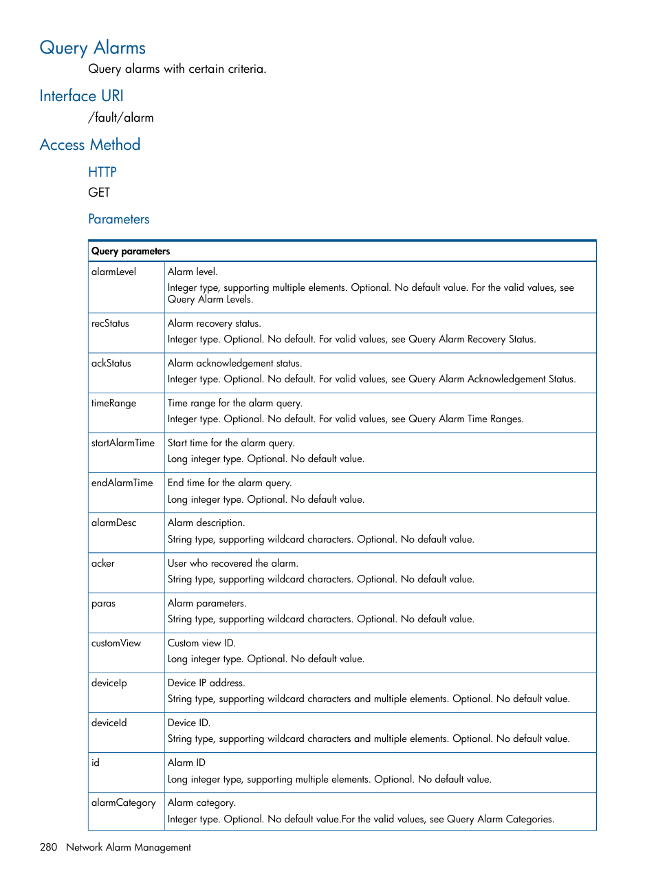 Query alarms, Interface uri, Access method | Interface uri access method, Parameters | HP Intelligent Management Center Licenses User Manual | Page 280 / 438