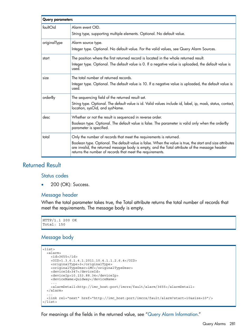 Returned result, Status codes, Message header | Message body | HP Intelligent Management Center Licenses User Manual | Page 281 / 438