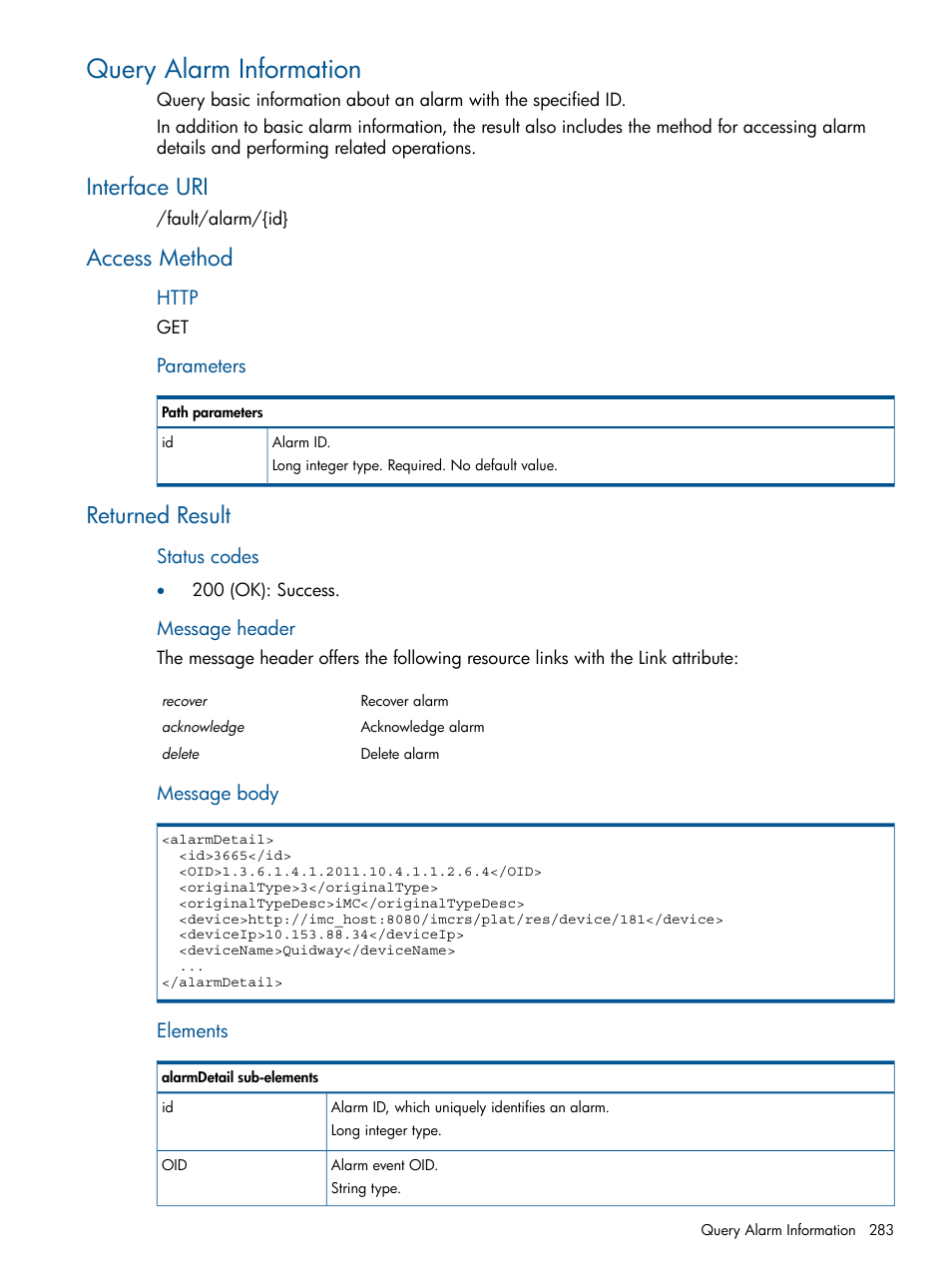 Query alarm information, Interface uri, Access method | Returned result, Interface uri access method returned result | HP Intelligent Management Center Licenses User Manual | Page 283 / 438