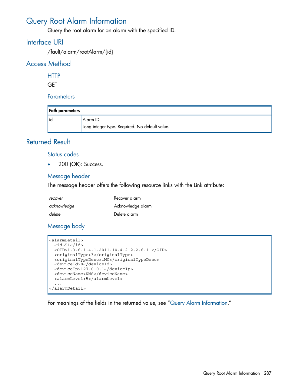 Query root alarm information, Interface uri, Access method | Returned result, Interface uri access method returned result | HP Intelligent Management Center Licenses User Manual | Page 287 / 438