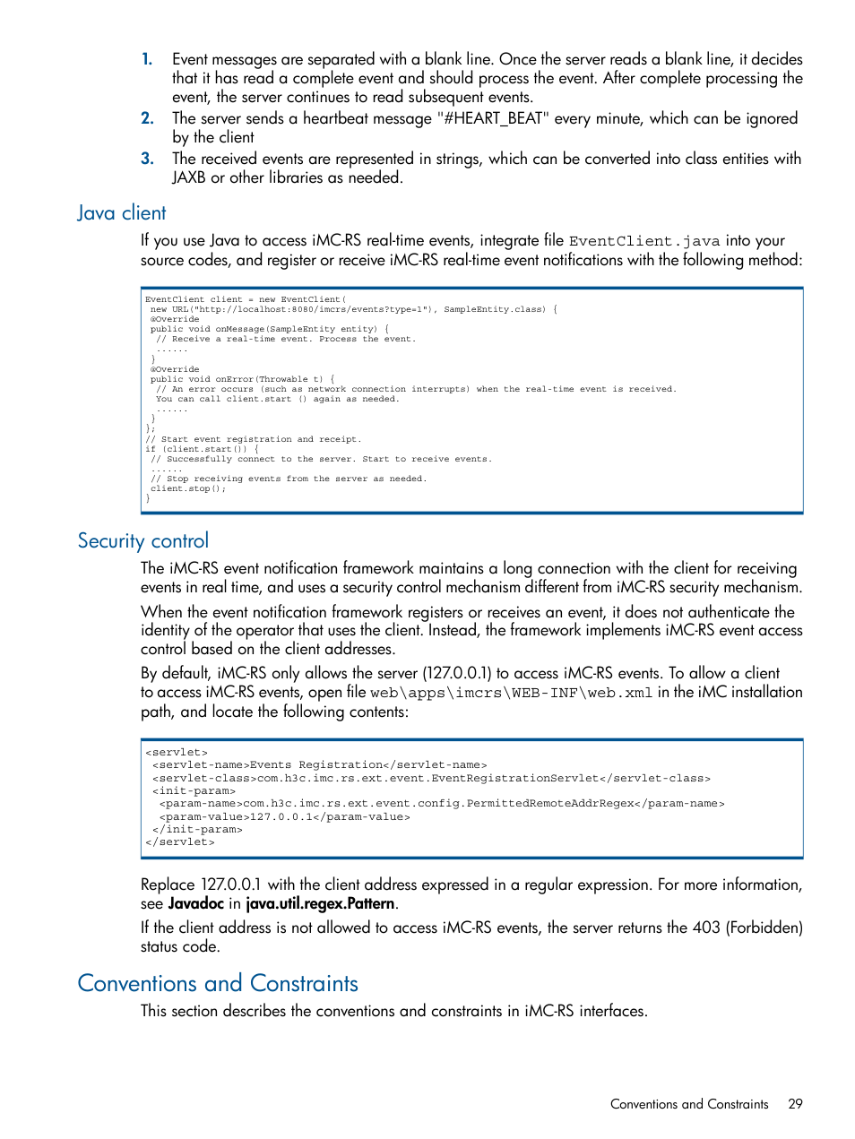 Java client, Security control, Conventions and constraints | Java client security control | HP Intelligent Management Center Licenses User Manual | Page 29 / 438